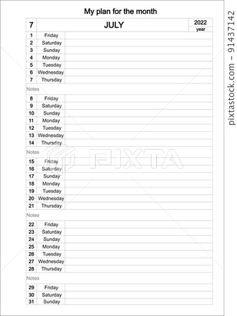 Calendar template for July 2022 year. Planner diary in minimalism style Calendar template for July 2022 year. Planner diary in minimalism style 91437142