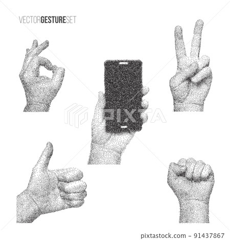 Vector dotted gesture set. Four man hands with different gestures and hand with smartphone. Vector dotted gesture set. Four man hands with different gestures and hand with smartphone. 91437867