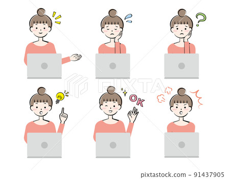 操作個人計算機、面部表情、情緒、正面的年輕女性 91437905