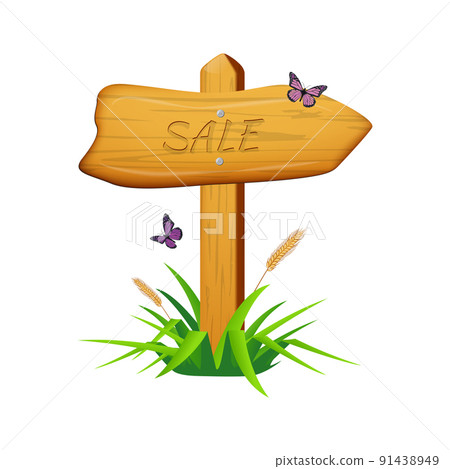 Wooden arrow with SALE sign with grass and butterflies. Vector iilustration. Wooden arrow with SALE sign with grass and butterflies. Vector iilustration. 91438949