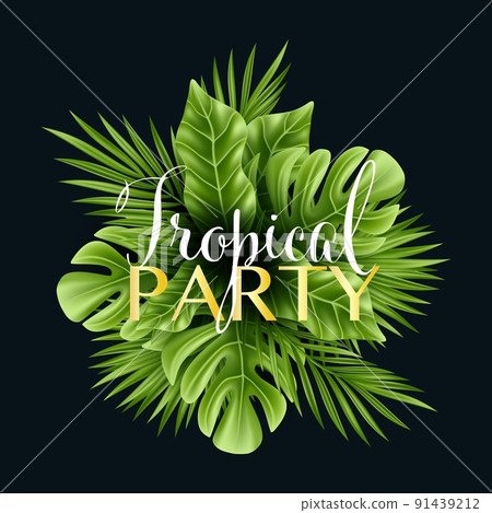 Tropical palm leaf isolated on white background. Realistic green summer plant. Vector illustration 91439212