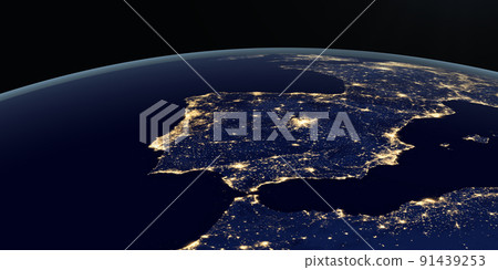 Iberian Peninsula at night in the earth planet rotating from space 91439253