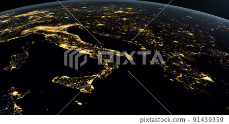 Italy at night in the earth planet rotating from space 91439359