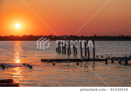 Beautiful red and orange sunset over the sea. The sun goes down over the sea. A flock of cormorants sits on a old sea pier in orange sunset light 91439439