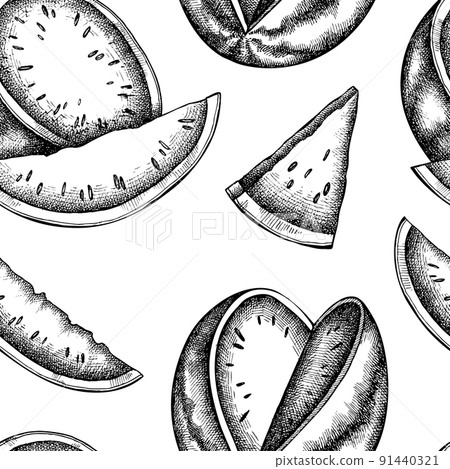 Fruits seamless pattern background design. Engraved style. Hand drawn watermelon. Fruits seamless pattern background design. Engraved style. Hand drawn watermelon. 91440321