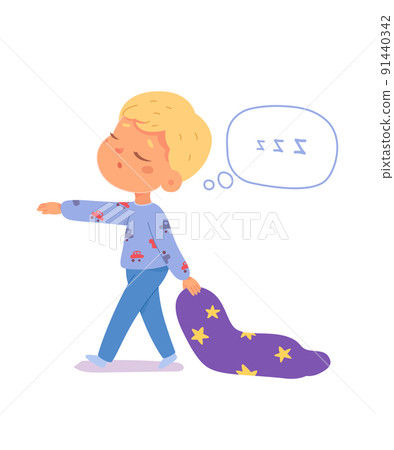 Boy sleepwalker walking in funny pajamas at night, kid holding blanket, sleepwalking Boy sleepwalker walking in funny pajamas at night, kid holding blanket, sleepwalking 91440342