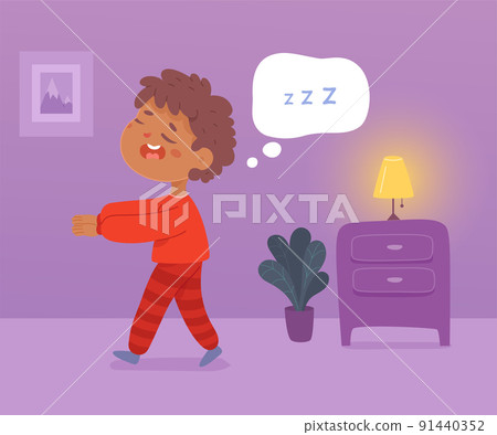 Funny boy somnambulist sleepwalking at night, little child sleeping, lunatic kid walking Funny boy somnambulist sleepwalking at night, little child sleeping, lunatic kid walking 91440352