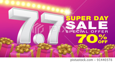 Super day shopping sale design with 3d number 7.7 sale day symbol and gift box on purple pink background. Advertising for Shopping Online, social media and website. 91440378