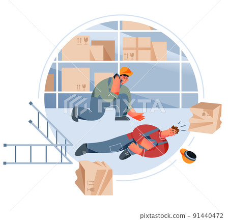 Warehouse dangerous accident with workers people, emergency at storage workplace 91440472