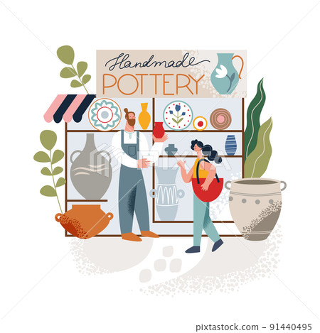 Pottery shop facade, small business with entrepreneur, potter selling vase tocustomer 91440495