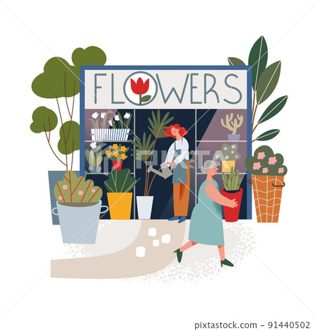 Small flower shop in local market with florist, woman buying plant in floristry stall Small flower shop in local market with florist, woman buying plant in floristry stall 91440502