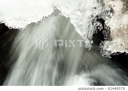A small active waterfall. Clean mountain stream, snowy winter landscape, wildlife background A small active waterfall. Clean mountain stream, snowy winter landscape, wildlife background 91440578