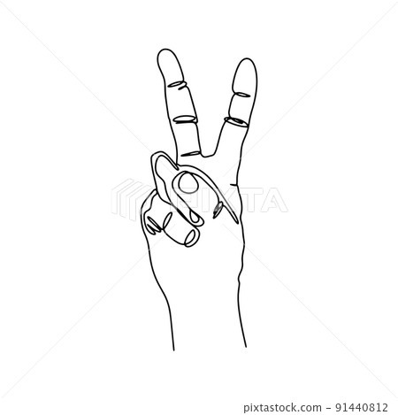 Hand gesture symbol of victory line art vector 91440812