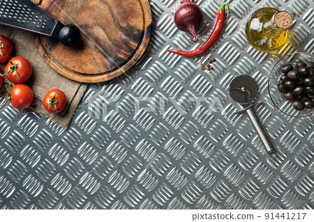 Ingredients for cooking pizza on metal table, top view 91441217
