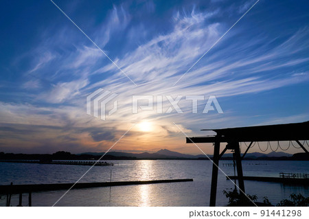 Mount Tsukuba and dynamic sky evening view from the Kasumigaura boat pool Mount Tsukuba and dynamic sky evening view from the Kasumigaura boat pool 91441298