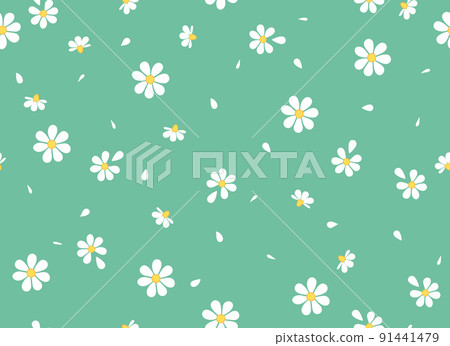 Daisies and petals on a green background seamless pattern. Chamomile flowers. Vector background. Daisies and petals on a green background seamless pattern. Chamomile flowers. Vector background. 91441479