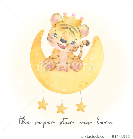 cute baby kid tiger sitting on crescent moon with star, super star was born, watercolor nursery animal cartoon painting vector cute baby kid tiger sitting on crescent moon with star, super star was born, watercolor nursery animal cartoon painting vector 91441953