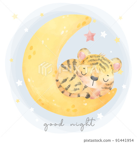 cute baby kid tiger sleeping on crescent moon with star, good night, watercolor nursery animal cartoon painting vector cute baby kid tiger sleeping on crescent moon with star, good night, watercolor nursery animal cartoon painting vector 91441954
