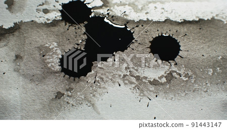 Black ink drops. Paint spatter. Wet dye splash. Dark dirt stain blotch on white grunge stained distressed paper texture abstract background. Black ink drops. Paint spatter. Wet dye splash. Dark dirt stain blotch on white grunge stained distressed paper texture abstract background. 91443147