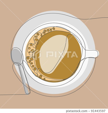 Continuous one line drawing of coffee cup with plate and spoon Continuous one line drawing of coffee cup with plate and spoon 91443597