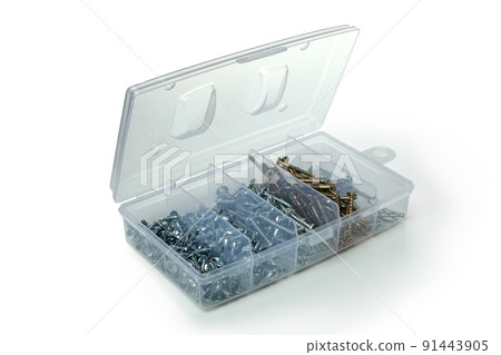 Plastic box with screws isolated on white background 91443905
