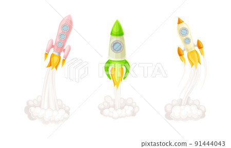 Rocket as Spacecraft with Engine Exhaust Launching and Flying in Space Vector Set Rocket as Spacecraft with Engine Exhaust Launching and Flying in Space Vector Set 91444043