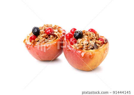 Tasty baked apples isolated on white background 91444145