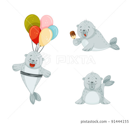 Cute Baby Seal Eating Eskimo and Flying with Bunch of Balloons Vector Set Cute Baby Seal Eating Eskimo and Flying with Bunch of Balloons Vector Set 91444155