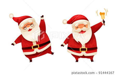 Santa Claus Character with White Beard in Red Hat Dancing and Ringing Bell Vector Set 91444167