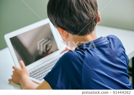 Elementary school boy learning online on a laptop 91444262