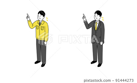Illustration, isometric, vector of middle-aged man in work clothes and suit pointing with a troubled face Illustration, isometric, vector of middle-aged man in work clothes and suit pointing with a troubled face 91444273