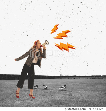 Young girl in retro style outfit with megaphone isolated on abstract background. Contemporary art collage. Inspiration, idea, trendy. 91444424