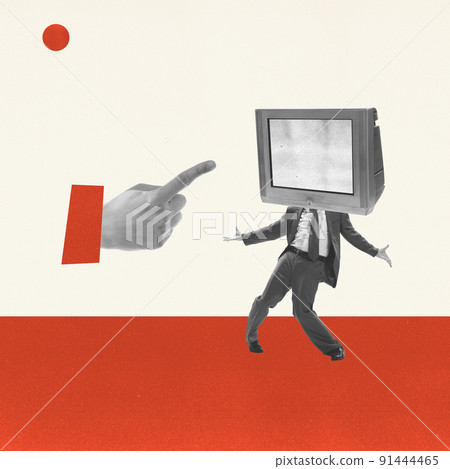 Contemporary art collage. Man headed of retro tv set. Ideas, imagination, art, surrealism. Concept of social issues, propaganda, mental health Contemporary art collage. Man headed of retro tv set. Ideas, imagination, art, surrealism. Concept of social issues, propaganda, mental health 91444465