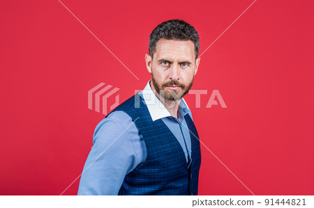 Bearded man with unshaven face and stylish haircut red background, hair Bearded man with unshaven face and stylish haircut red background, hair 91444821