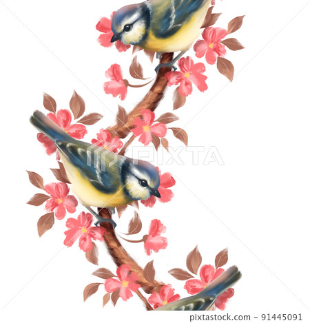 Titmouse bird on floral branch. Seamless border 91445091