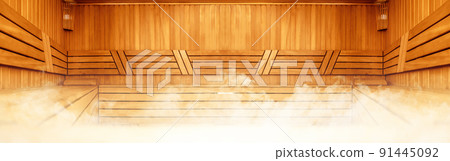 Interior of Finnish sauna, classic wooden sauna with hot steam. Russian bathroom. Relax in hot sauna with steam. Wooden interior baths, wooden benches and loungers accessories for sauna, spa complex Interior of Finnish sauna, classic wooden sauna with hot steam. Russian bathroom. Relax in hot sauna with steam. Wooden interior baths, wooden benches and loungers accessories for sauna, spa complex 91445092