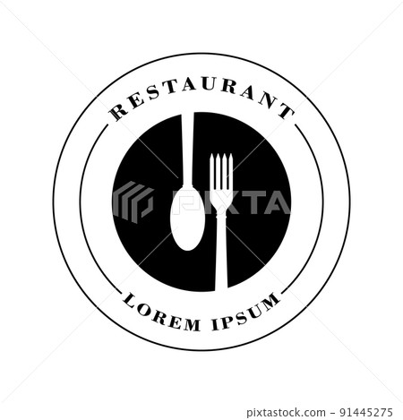 Restaurant logo with spoon and fork. Round icon. Vector clipart and drawing. Isolated illustration on white background. Restaurant logo with spoon and fork. Round icon. Vector clipart and drawing. Isolated illustration on white background. 91445275