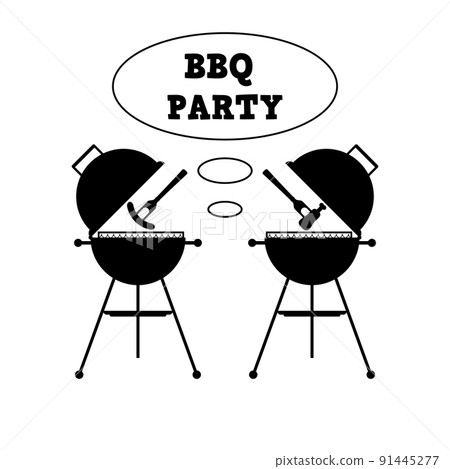 Bbq party with grill and food. Barbecue poster. Food flyer. Black and white vector clipart and drawing. Illustration on white background. Bbq party with grill and food. Barbecue poster. Food flyer. Black and white vector clipart and drawing. Illustration on white background. 91445277