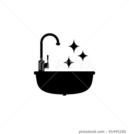 Clean kitchen sink icon with faucet. Black and white vector silhouette, clipart and drawing. Isolated illustration.  91445280