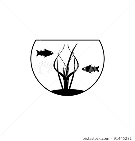 Round aquarium icon with fishes. Vector silhouette. Clipart and drawing. Isolated illustration on white background. 91445281