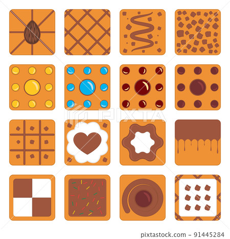 Set of square cookies with caramel, chocolate, nuts and various fillings. Vector illustrations and drawings on the theme of cooking, confectionery and baking.  91445284
