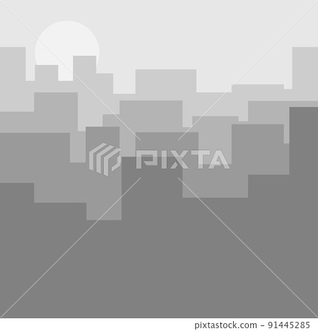 Modern city skyline. Gray abstract cityscape with silhouettes of houses and skyscrapers. Cityscape background in mist, smog, dusk, brume. Vector illustration in flat style. Modern city skyline. Gray abstract cityscape with silhouettes of houses and skyscrapers. Cityscape background in mist, smog, dusk, brume. Vector illustration in flat style. 91445285