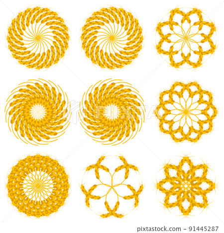 Round wheat wreaths and ornament set. Different design and templates. Vector clipart and drawing. Isolated illustrations. 91445287