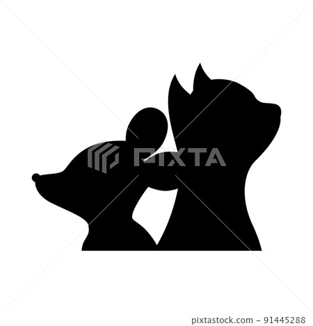 Silhouettes of a cat and a mouse together. Friends mouse and kitten together on white background. Side view. Vector isolated illustration. Silhouettes of a cat and a mouse together. Friends mouse and kitten together on white background. Side view. Vector isolated illustration. 91445288