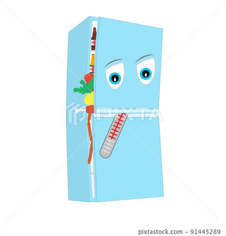 Sad refrigerator filled with food. With a thermometer in the mouth. Animated cartoon character on white background. Isolated graphic vector illustration. Sad refrigerator filled with food. With a thermometer in the mouth. Animated cartoon character on white background. Isolated graphic vector illustration. 91445289