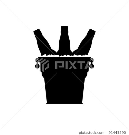 Glass bottles beer in a metal bucket with ice cubes. Vector illustration, clipart. Cold beer. Black silhouette. 91445290