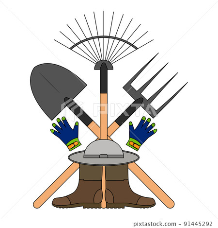 Set of various gardening tools for gardening and farming. Vector illustration. Set of farm tools. Garden instruments collection. Rake, shovel, spade and pitchfork.   91445292