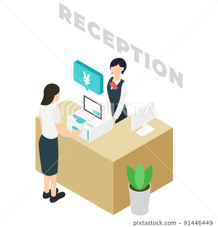 Women using the reception counter and self-checkout 91446449