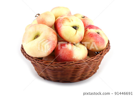 Flat peach (doughnut peach, donut peach, UFO peach, peento peach, saucer peach). Ancient Chinese variety "Pan tao". Delicacy 91446691