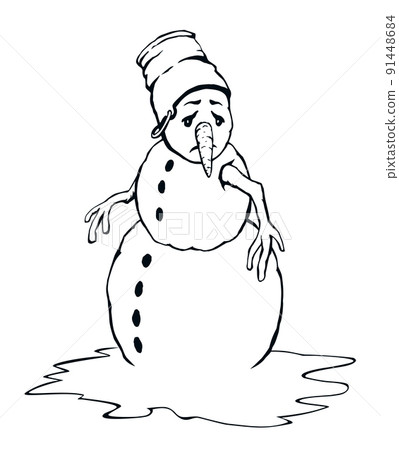 Snowman in snow. Vector drawing. 91448684